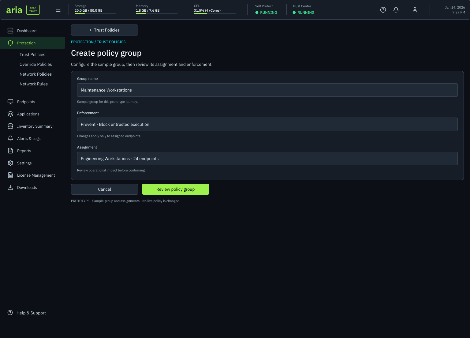 Create policy group panel: group name and description fields, an enforcement setting of Prevent, block untrusted execution, an assignment of Engineering Workstations covering 24 endpoints, a note to review assignment impact before confirming, and cancel and review policy group actions.