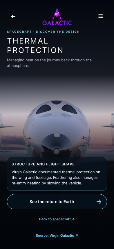 Virgin Galactic thermal protection detail screen showing the spacecraft and a concise exterior protection explanation.