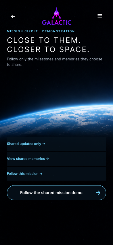 Virgin Galactic mission circle screen inviting friends and family to follow shared updates and milestones.