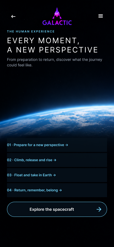 Virgin Galactic journey screen outlining preparation, climb and rise, floating above Earth and return.