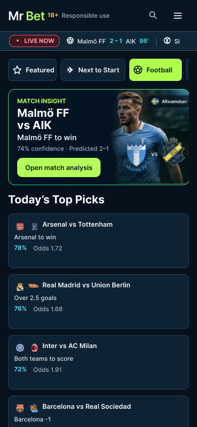 Mr. Bet mobile design concept showing a compact header, search and menu, ticker, scrolling sport categories and insight cards, stacked picks and leaderboard.